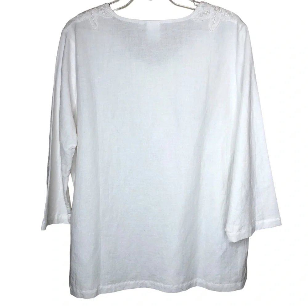 NEW Hot Cotton Linen Top Size Large White Crochet Lagenlook 3/4 Sleeves - Picture 2 of 7
